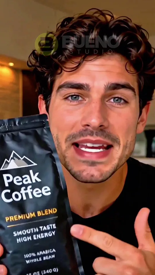 AI-generated Peak Coffee presenter showing the coffee bag