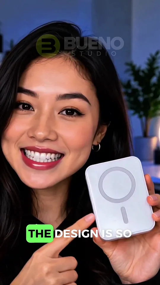 AI-generated tech presenter demonstrating a white magnetic accessory